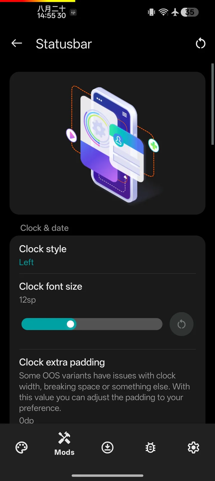 Statusbar settings with clock style, font size and extra padding
